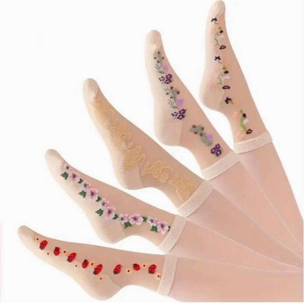 NEW Lot 5 Pair Nude Beige Floral Flocked Sheer Tulle Socks OS